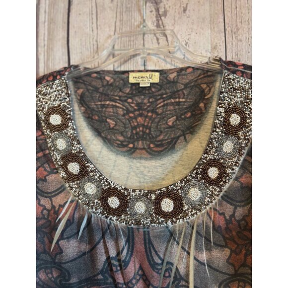One World Black & Brown BOHO Top Shirt Beaded Design on Neck Size Large - Picture 4 of 8